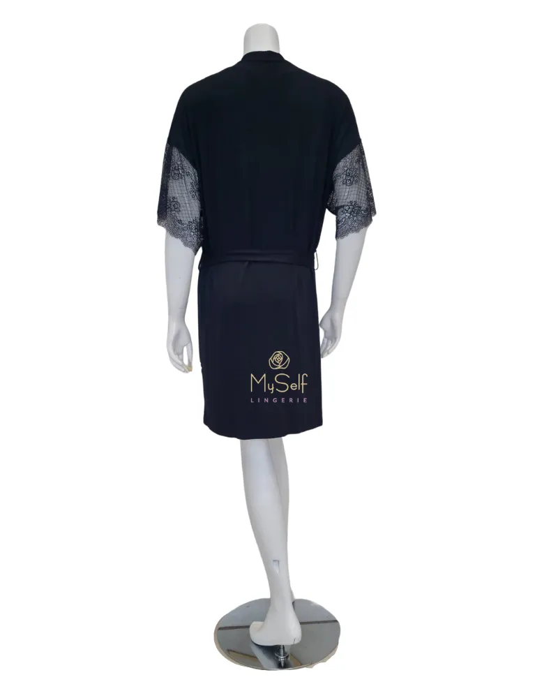 3611 Black Lace Trimmed Modal Kimono
