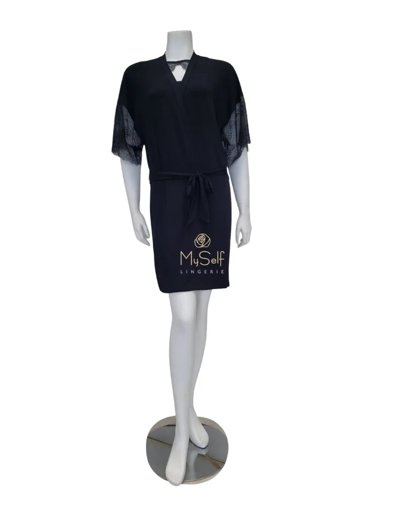 3611 Black Lace Trimmed Modal Kimono
