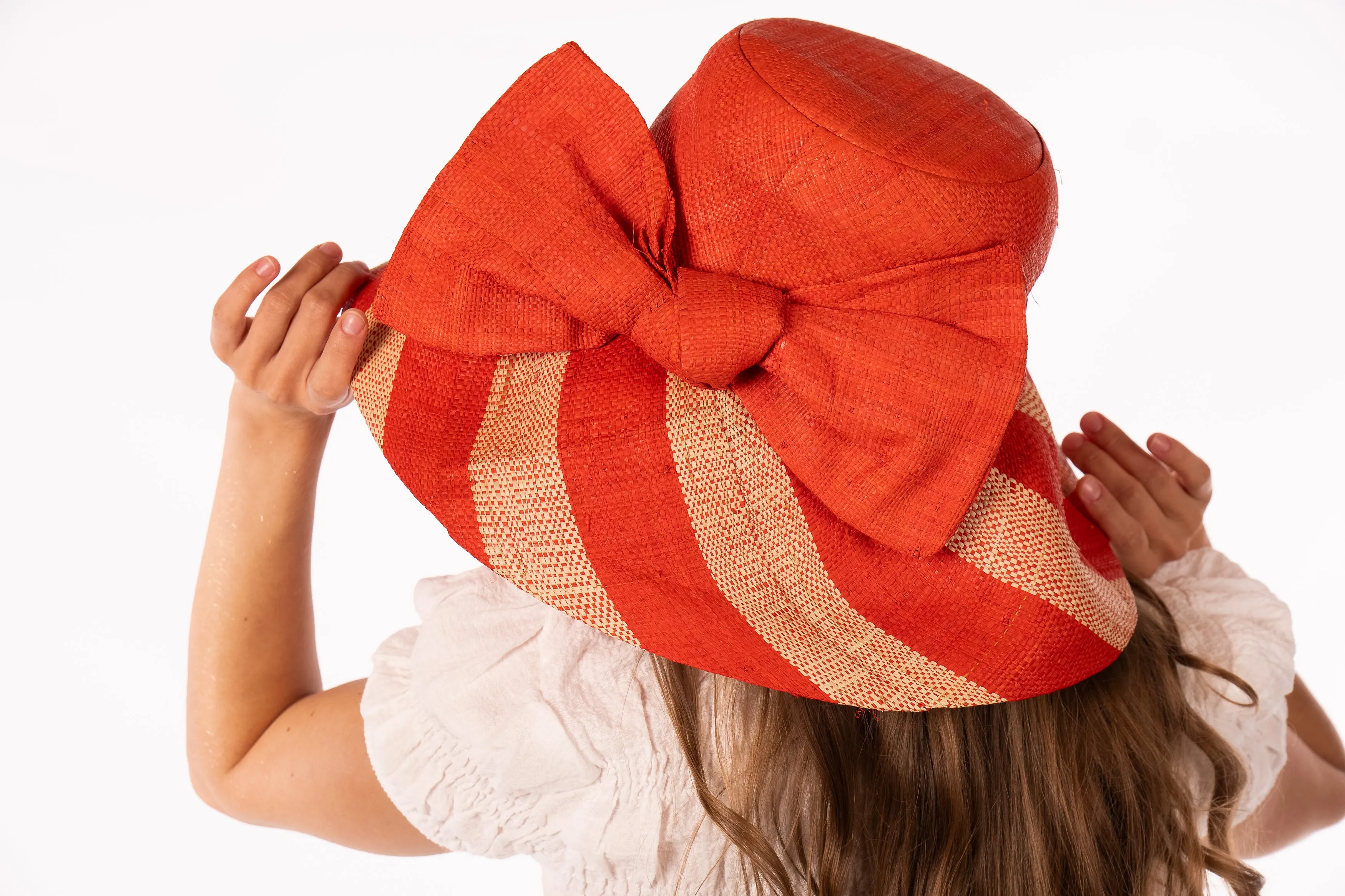 5" & 7" Wide Brim Two Tone Wide Stripe Straw Sun Hats with Big Bow