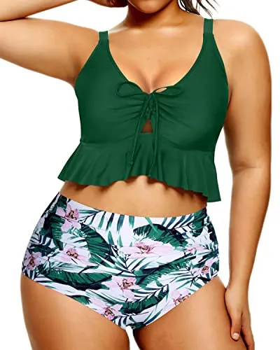 Adjustable Drawstring Two Piece Bikini For Curvy Women-Green Tropical Floral