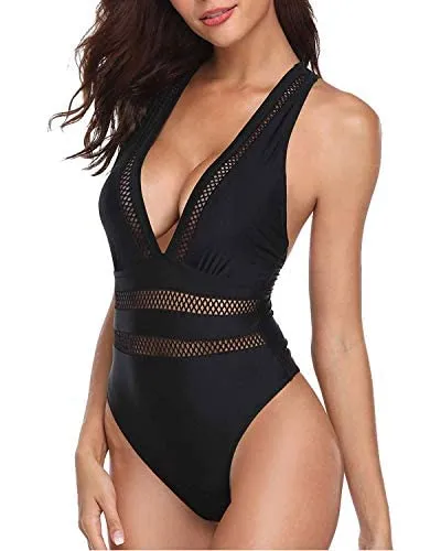 Adorable Long Torso V Neck One Piece Swimsuits-Black