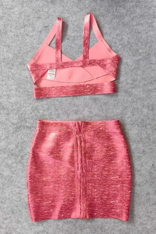 Ang Bandage Top and Mini Metallic Skirt Set - Hot Pink