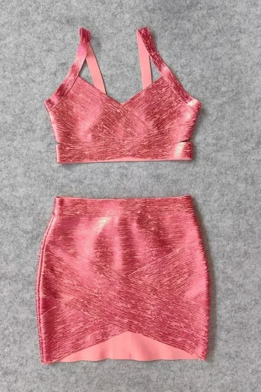 Ang Bandage Top and Mini Metallic Skirt Set - Hot Pink