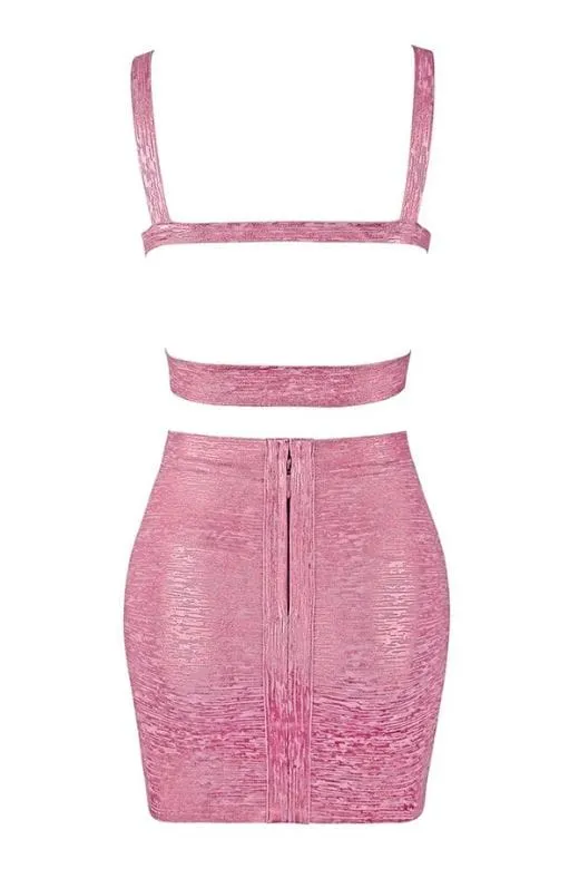 Ang Bandage Top and Mini Metallic Skirt Set - Hot Pink