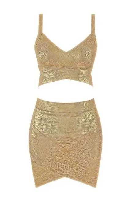 Ang Bandage Top and Mini Skirt Outfit Set - Gold