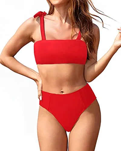 Bandeau Bikini Top And High Leg Bikini Bottoms For Teen Girls And Ladies-Red