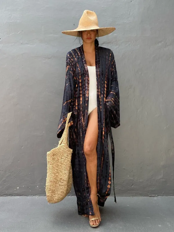 Blue Zone Planet |  Beach Tie Dye Graphic Print Sun Protection Cardigan Bikini Cover Up