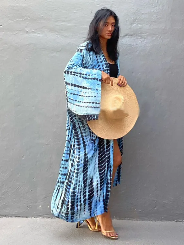Blue Zone Planet |  Beach Tie Dye Graphic Print Sun Protection Cardigan Bikini Cover Up
