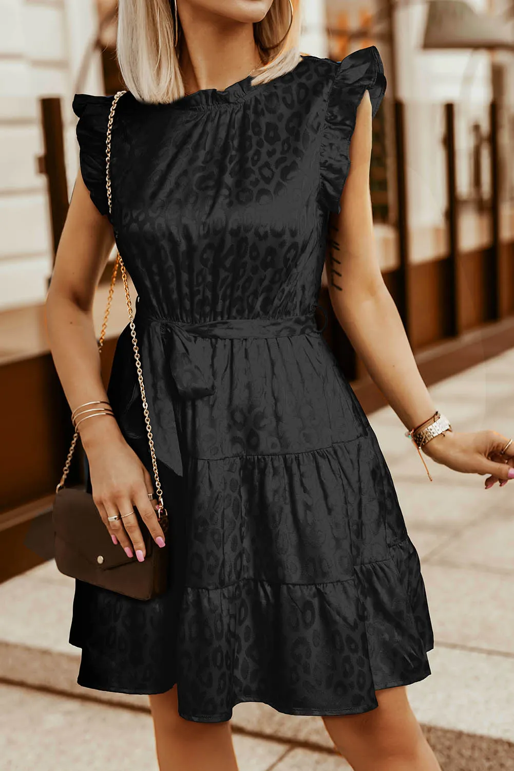 Blue Zone Planet |  Leopard Tie Belt Tiered Dress