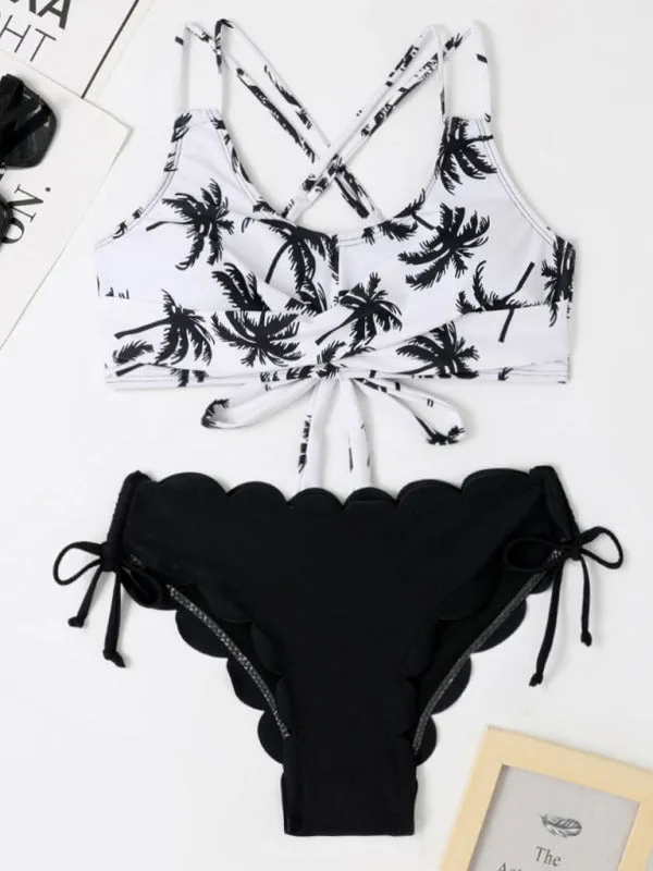 Blue Zone Planet |  Multicolor Coconut Tree Printed Laser Cut Flower Petals Bottom Split Bikini Swimsuit