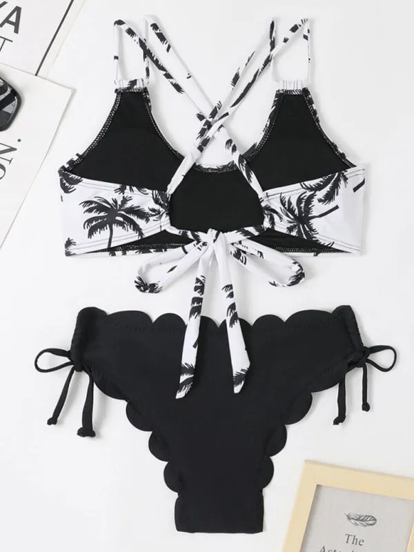 Blue Zone Planet |  Multicolor Coconut Tree Printed Laser Cut Flower Petals Bottom Split Bikini Swimsuit
