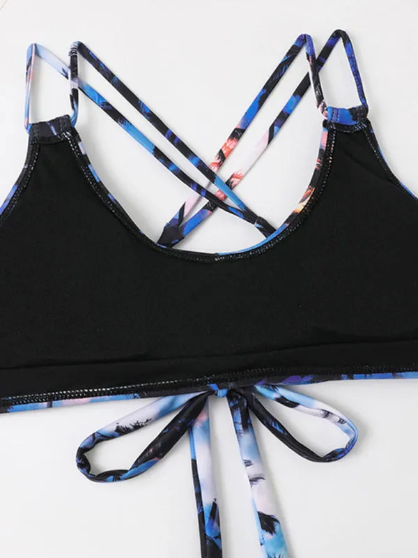 Blue Zone Planet |  Multicolor Coconut Tree Printed Laser Cut Flower Petals Bottom Split Bikini Swimsuit