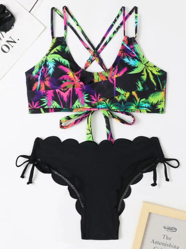 Blue Zone Planet |  Multicolor Coconut Tree Printed Laser Cut Flower Petals Bottom Split Bikini Swimsuit