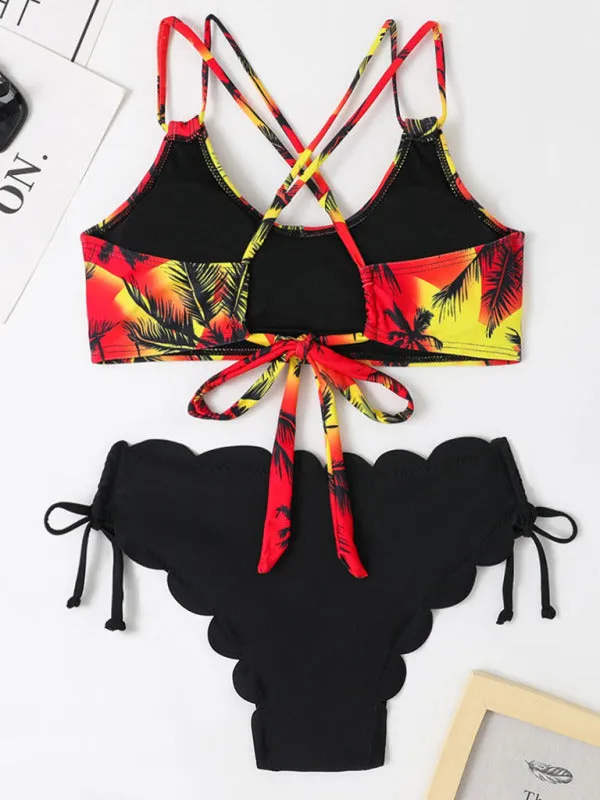 Blue Zone Planet |  Multicolor Coconut Tree Printed Laser Cut Flower Petals Bottom Split Bikini Swimsuit