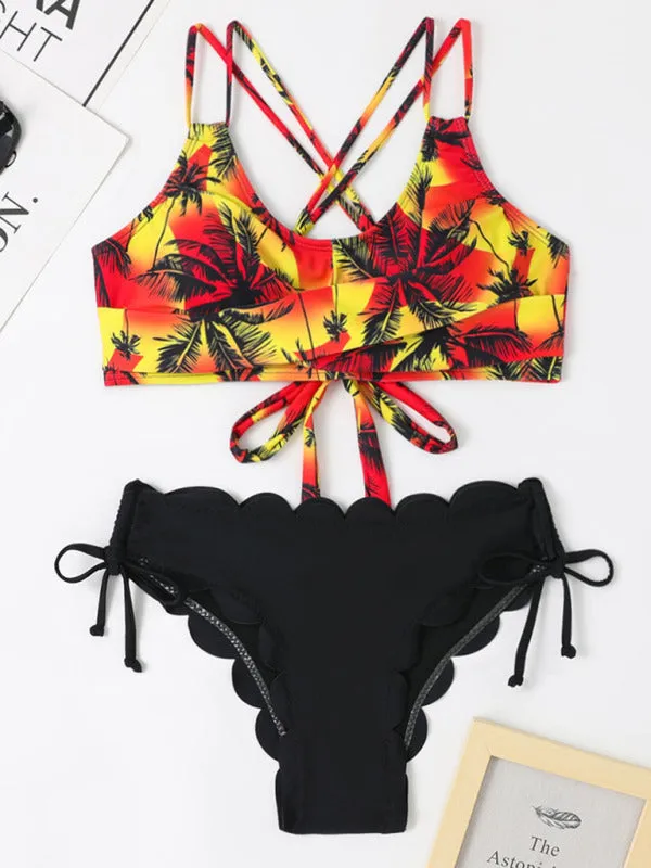 Blue Zone Planet |  Multicolor Coconut Tree Printed Laser Cut Flower Petals Bottom Split Bikini Swimsuit