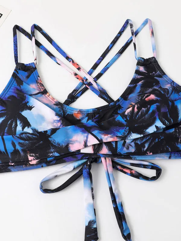 Blue Zone Planet |  Multicolor Coconut Tree Printed Laser Cut Flower Petals Bottom Split Bikini Swimsuit