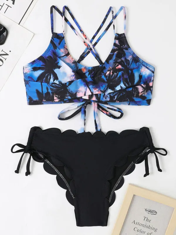 Blue Zone Planet |  Multicolor Coconut Tree Printed Laser Cut Flower Petals Bottom Split Bikini Swimsuit