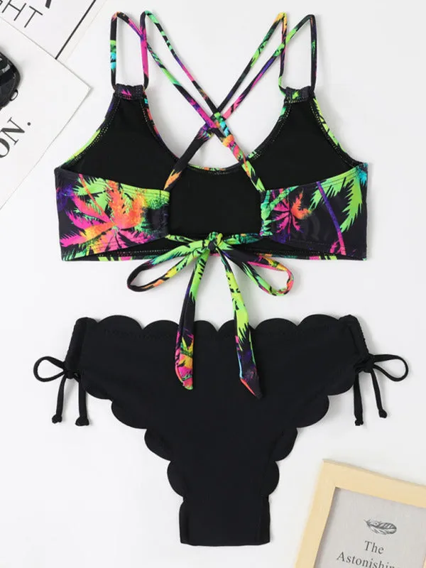 Blue Zone Planet |  Multicolor Coconut Tree Printed Laser Cut Flower Petals Bottom Split Bikini Swimsuit
