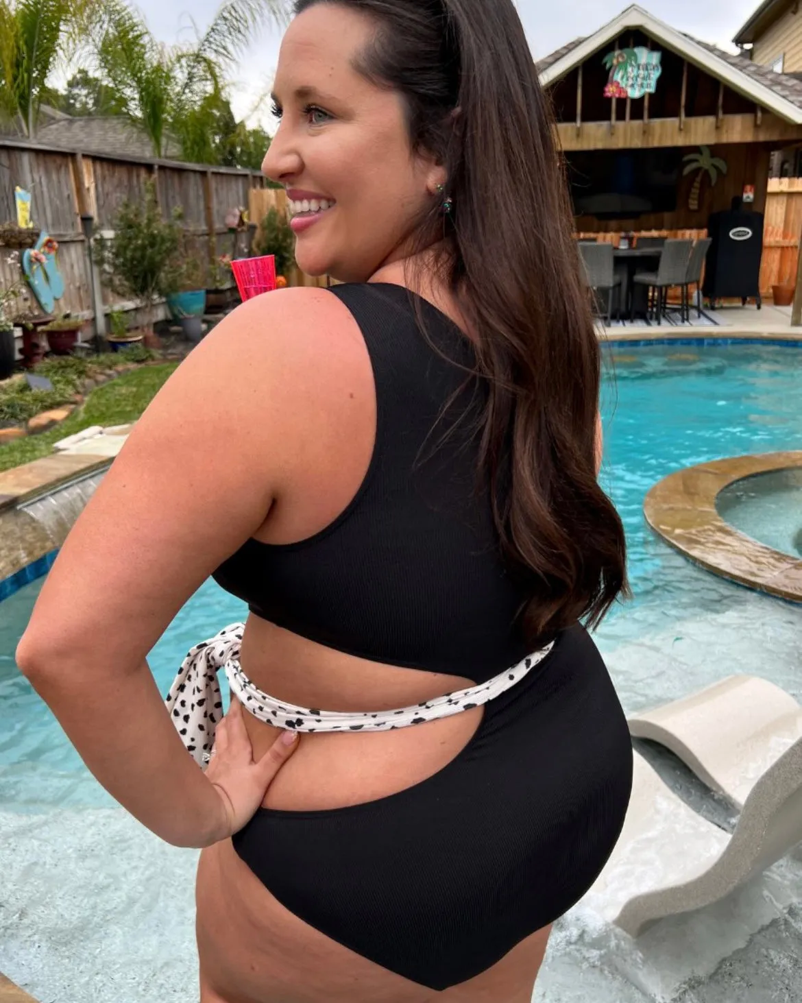 Bungalow Black Ribbed One Piece Side Cut Wrap Tie Swimsuit