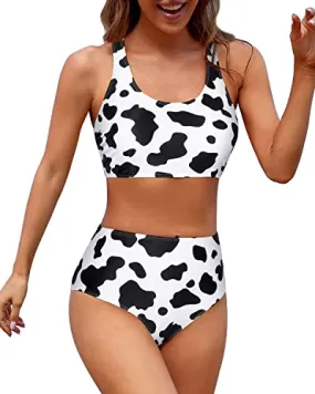 Criss Cross Back Women's Sporty Bikini Top And High Waisted Bottom-Black And White Cow Pattern