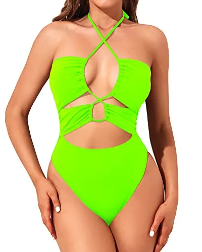 Criss Cross Monokini Halter Swimwear Sexy Cut Out Bathing Suits For Women-Neon Green