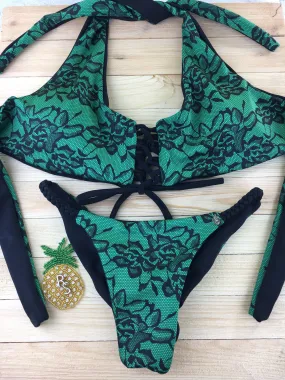 Custom Green Floral Lace/Black 4:1 Reversible Tie Me Up  Flip it***(SUIT SOLD PER PIECE OR SET, price varies)