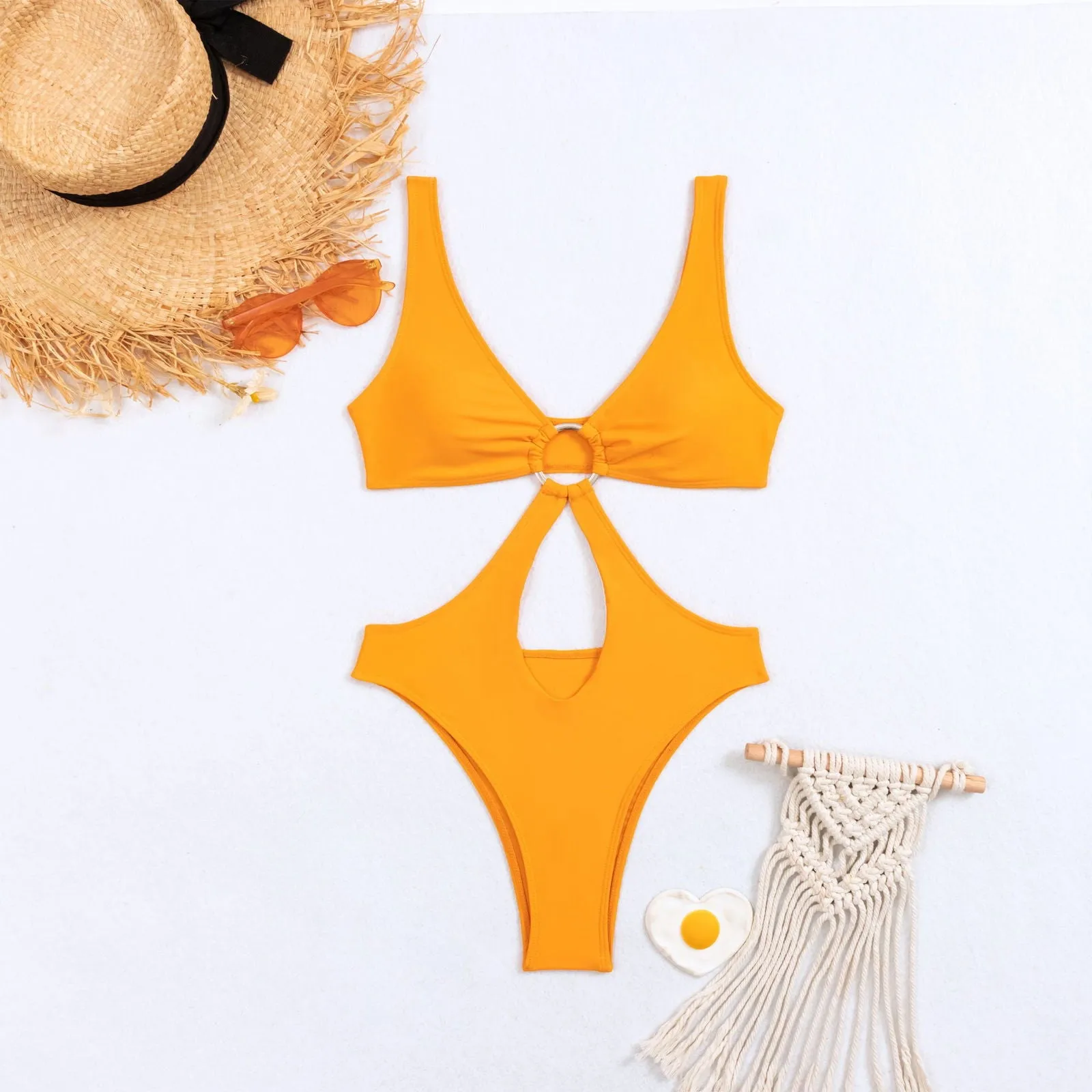 Cut Out Tie Ring Triangle One Piece Swimsuits