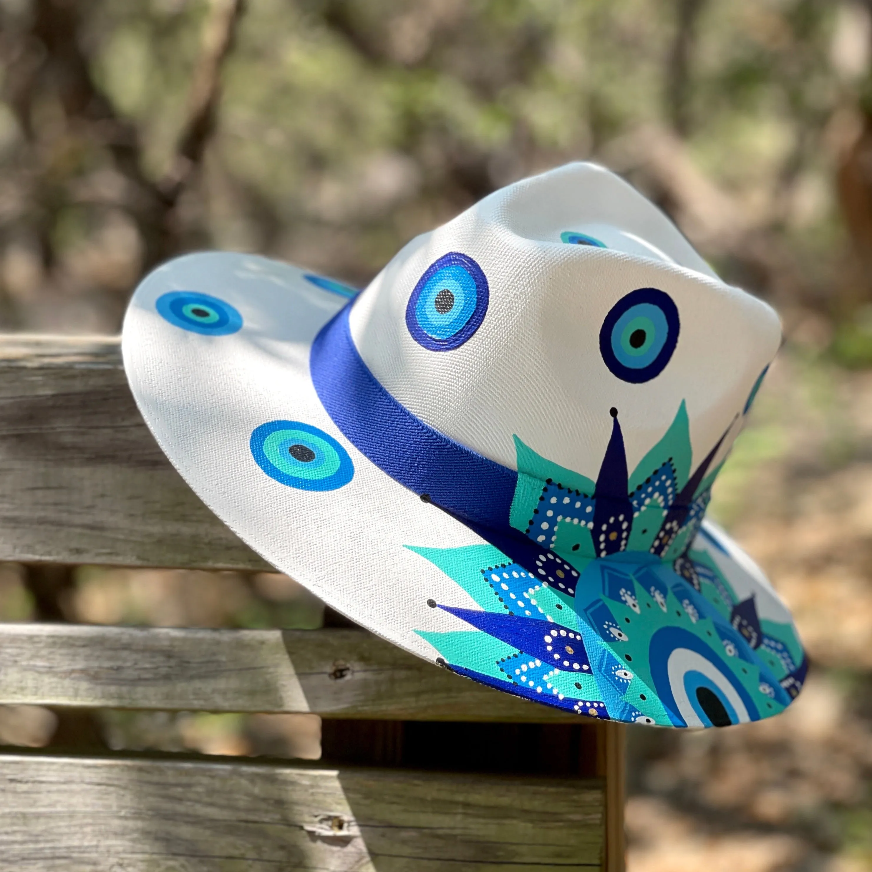 Evil Eye Hand Painted Hat with Mexican Mandala Design.