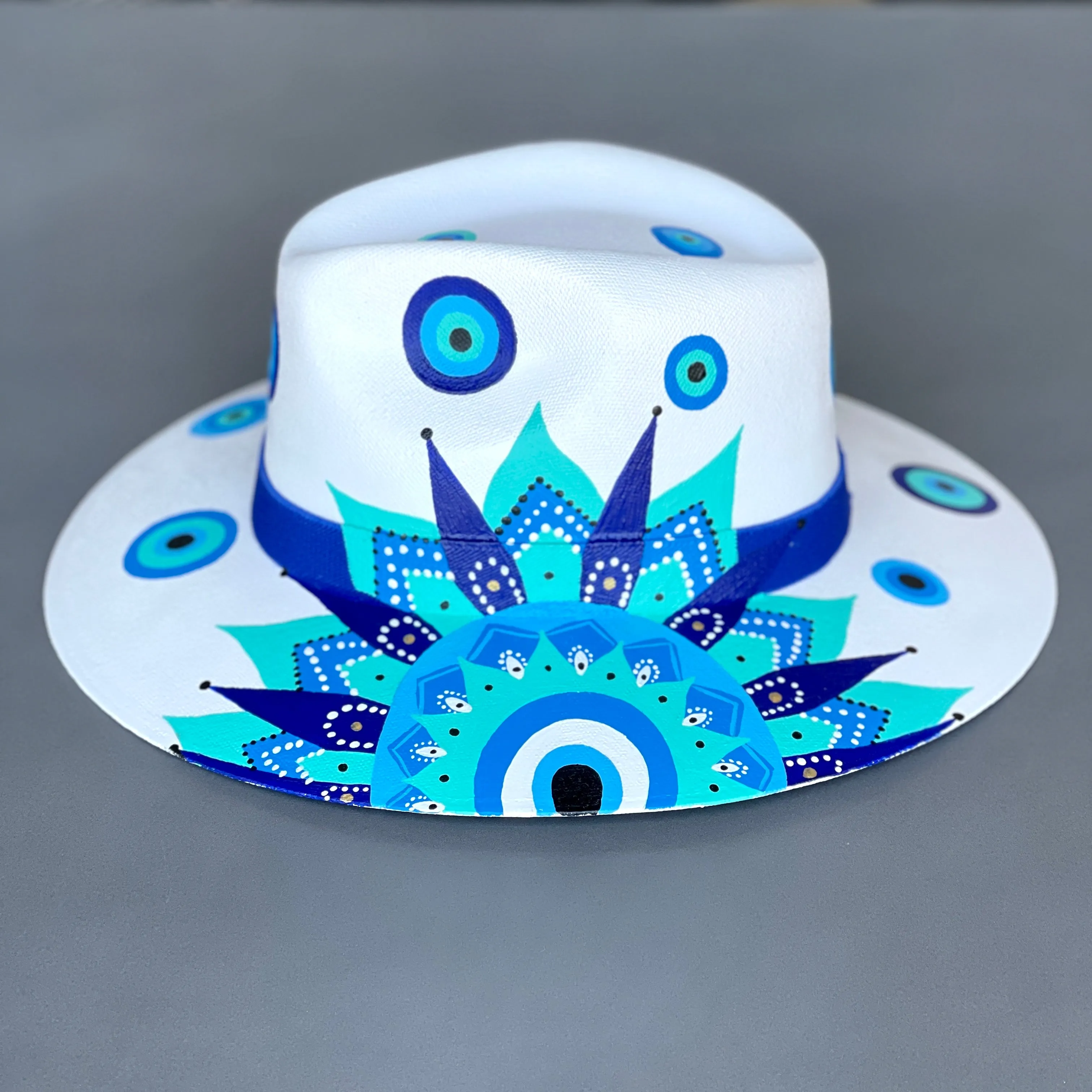 Evil Eye Hand Painted Hat with Mexican Mandala Design.