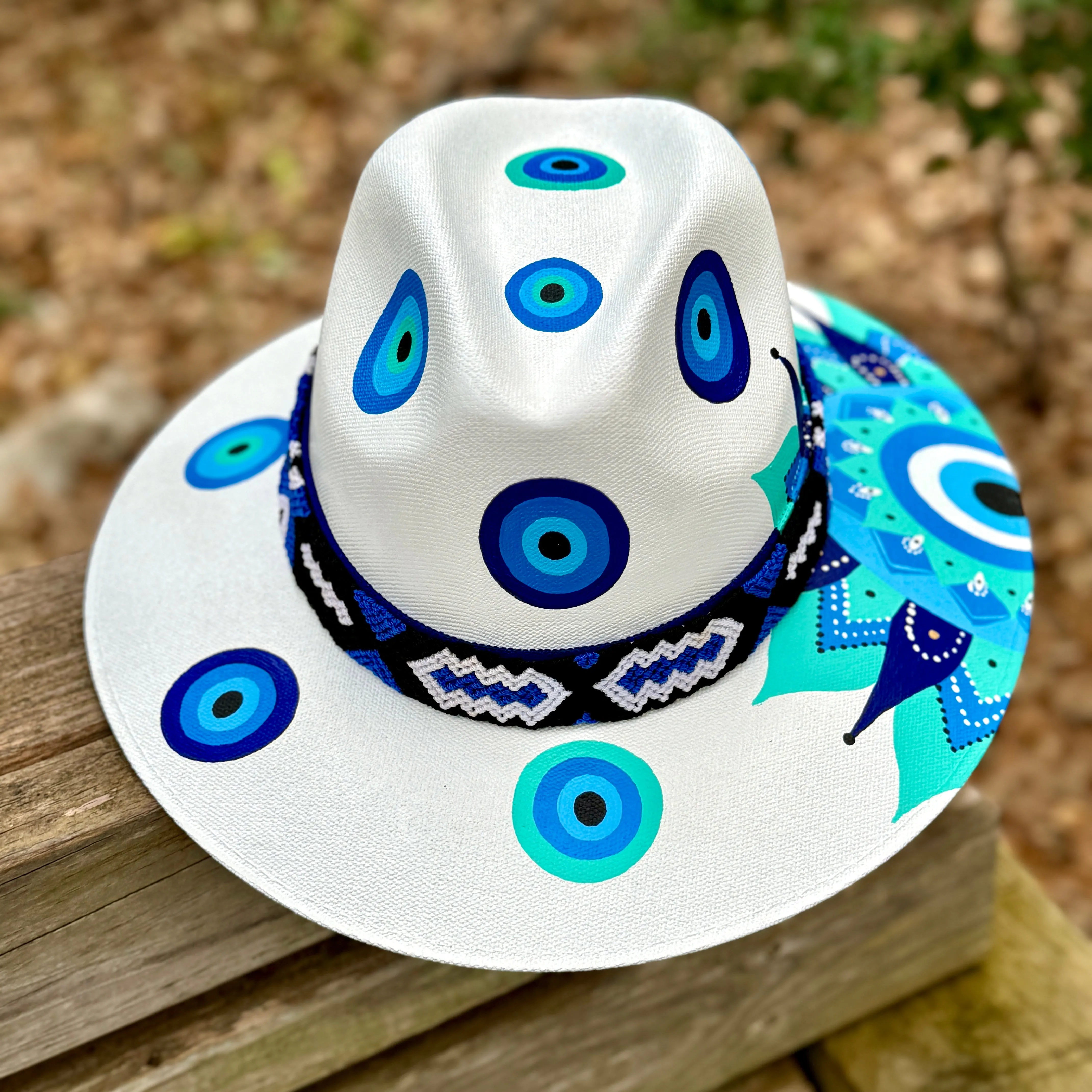 Evil Eye Hand Painted Hat with Mexican Mandala Design.