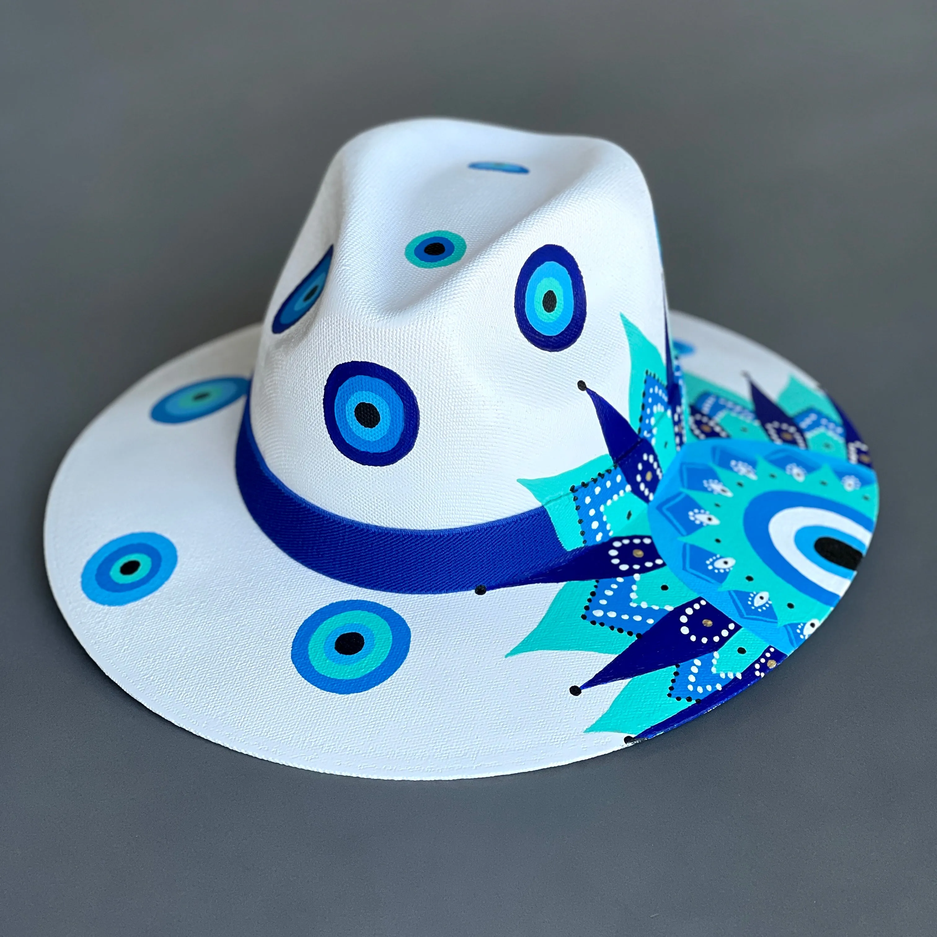 Evil Eye Hand Painted Hat with Mexican Mandala Design.