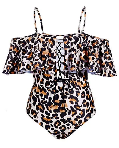 Flirty Ruffled Off The Shoulder One Piece Swimsuit For Ladies-Leopard