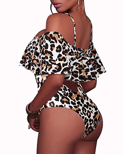 Flirty Ruffled Off The Shoulder One Piece Swimsuit For Ladies-Leopard
