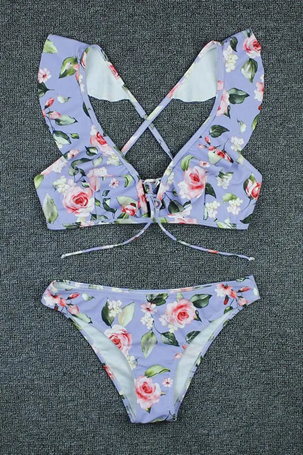 Floral Print Layered Ruffles Elegant  Bikini