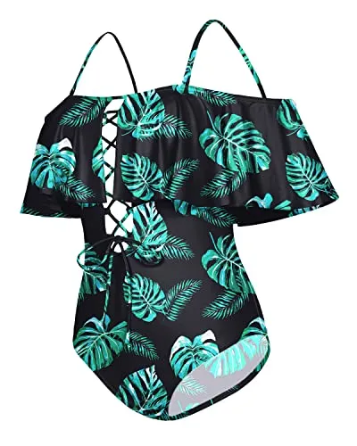 Flounce One Piece Swimsuit Off-The-Shoulder Lace-Up Backless Bathing Suit-Black And Green Leaf