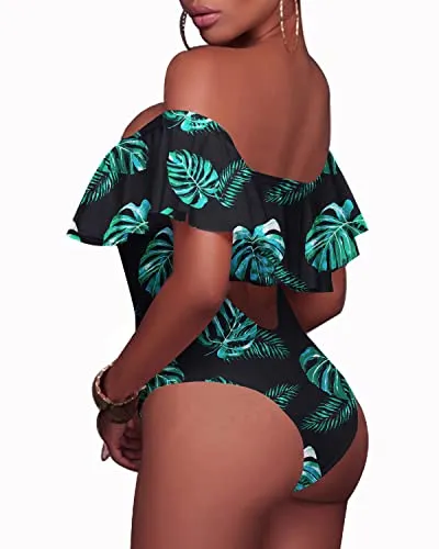Flounce One Piece Swimsuit Off-The-Shoulder Lace-Up Backless Bathing Suit-Black And Green Leaf