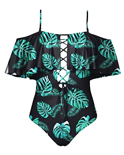 Flounce One Piece Swimsuit Off-The-Shoulder Lace-Up Backless Bathing Suit-Black And Green Leaf