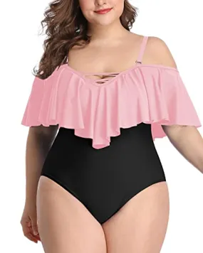 Flounce Tummy Control Plus Size Vintage Bathing Suits For Ladies-Pink And Black