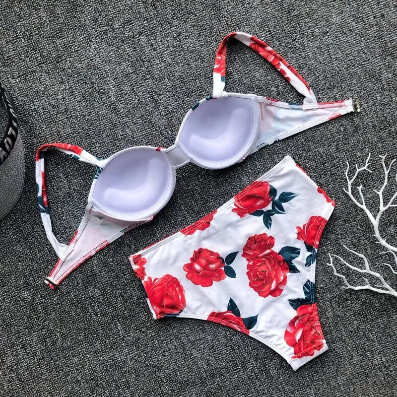 Flower Print Bandeau Padded Top Triangle Bikinis
