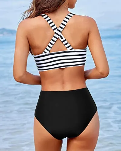 Full Coverage Modest Coverage With Women's Sporty Swimsuit-Black And White Stripe