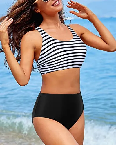 Full Coverage Modest Coverage With Women's Sporty Swimsuit-Black And White Stripe