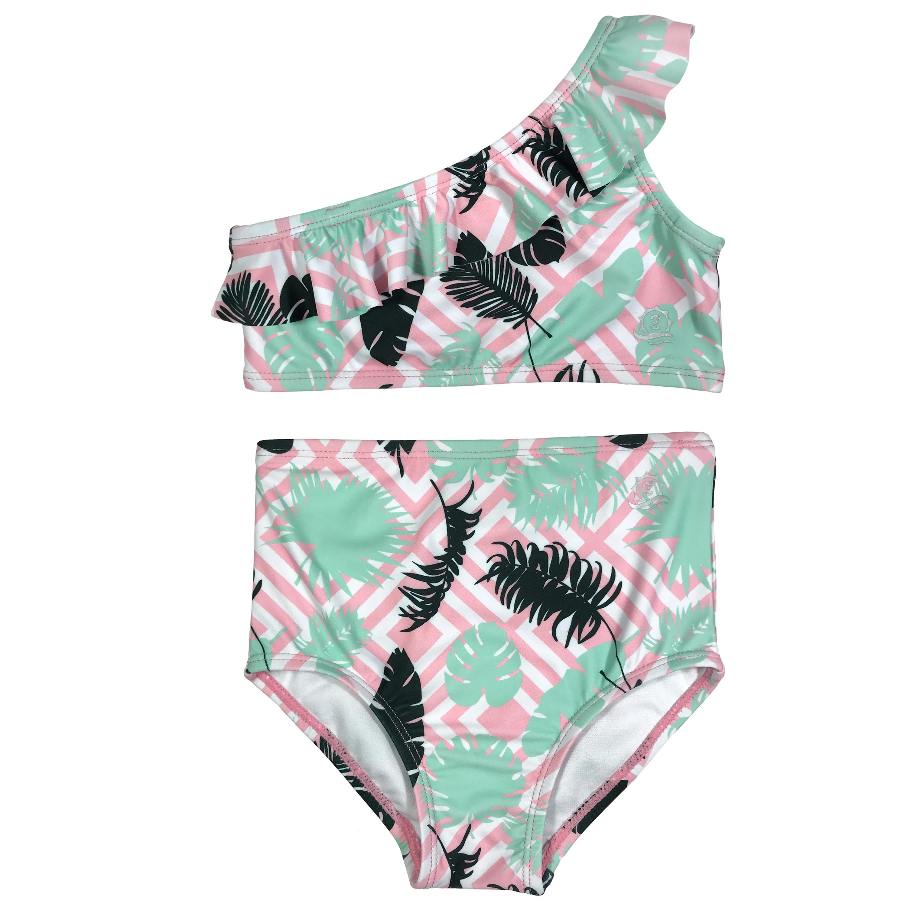 Girls Bikini One-Shoulder   High Waist Bottom Swimsuit Set (2 Piece) - "Palm Breeze"
