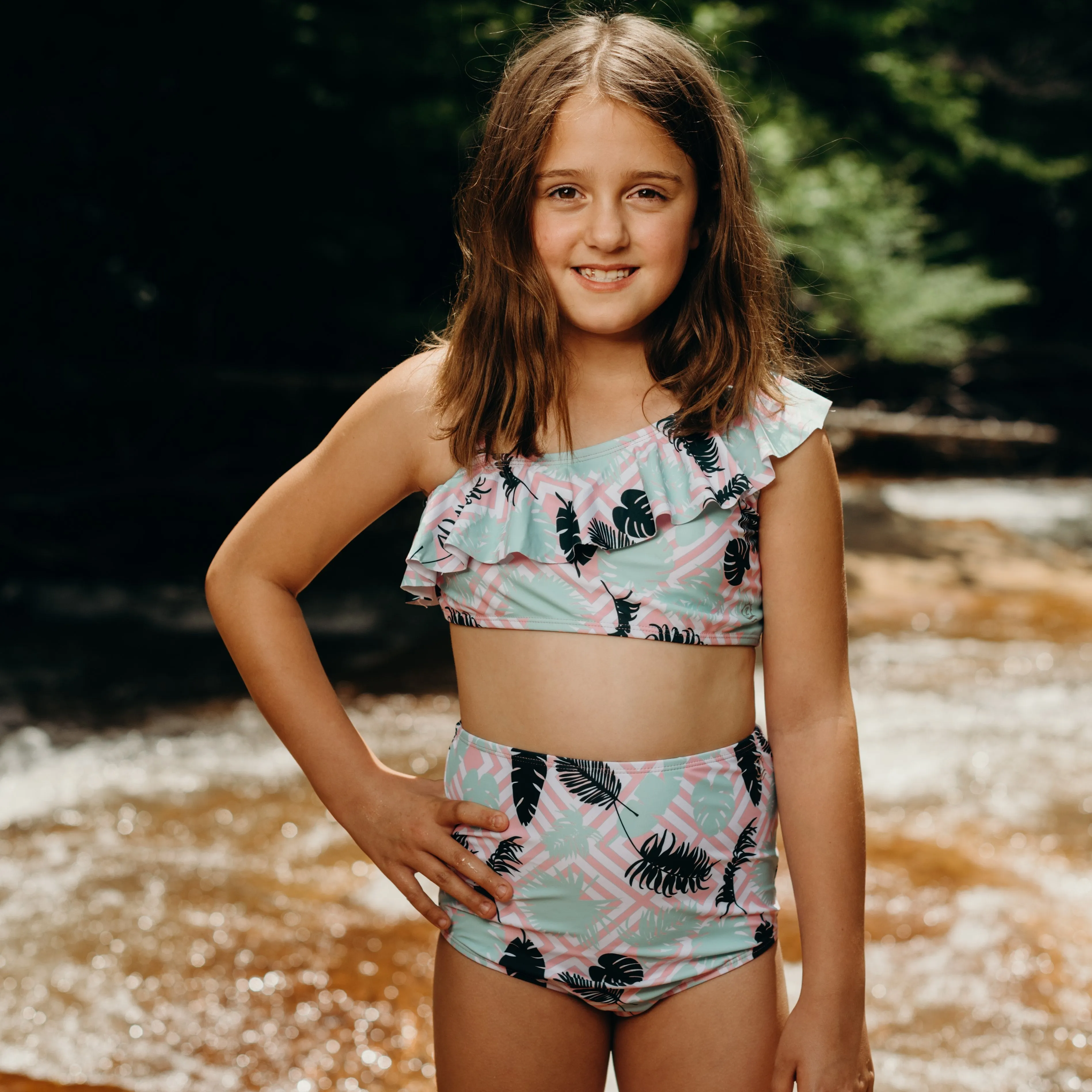 Girls Bikini One-Shoulder   High Waist Bottom Swimsuit Set (2 Piece) - "Palm Breeze"