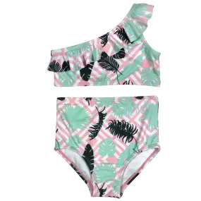 Girls Bikini One-Shoulder   High Waist Bottom Swimsuit Set (2 Piece) - "Palm Breeze"