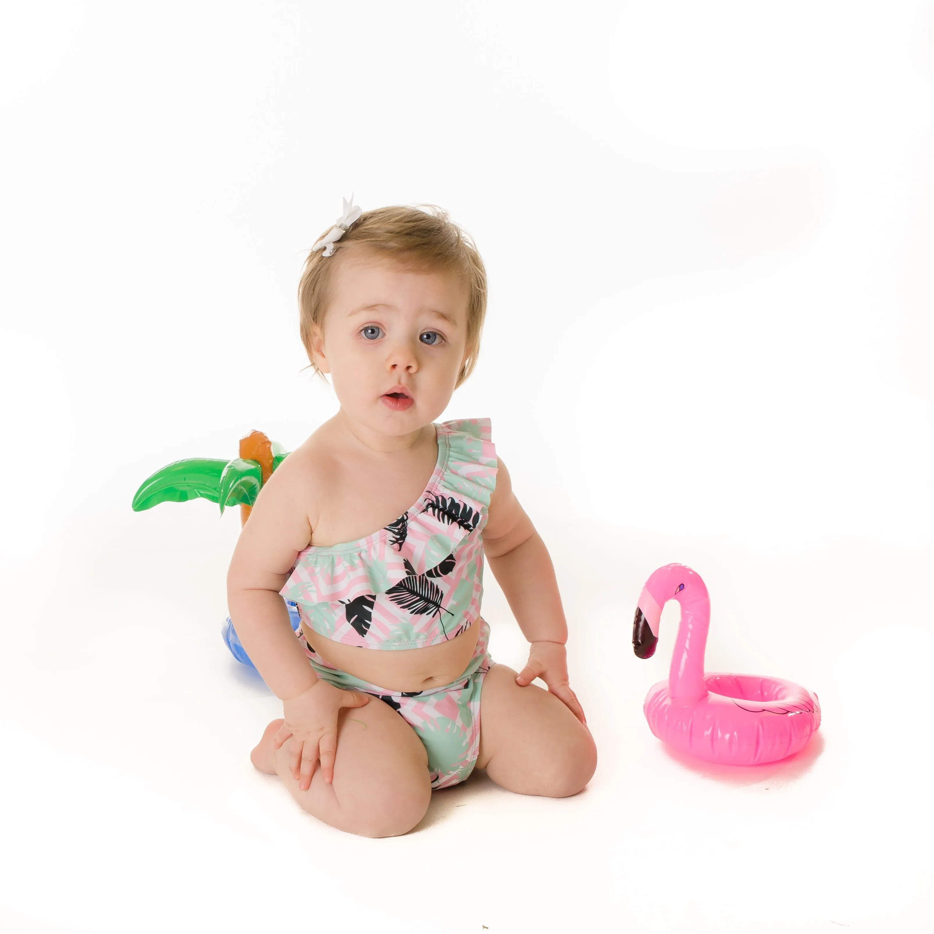 Girls Bikini One-Shoulder   High Waist Bottom Swimsuit Set (2 Piece) - "Palm Breeze"