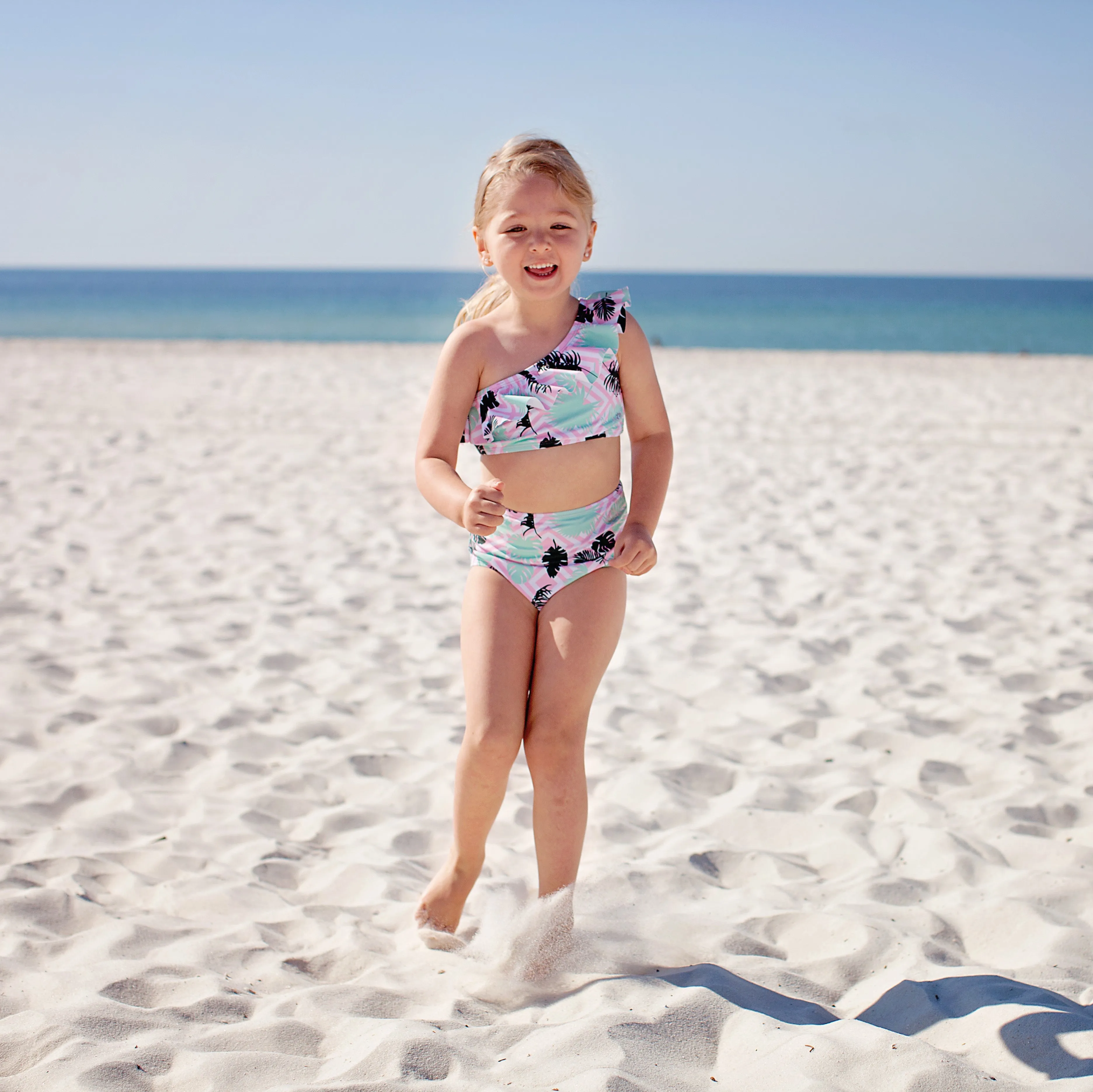 Girls Bikini One-Shoulder   High Waist Bottom Swimsuit Set (2 Piece) - "Palm Breeze"
