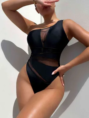 Hidden Depths One Shoulder One Piece Black Swimsuit