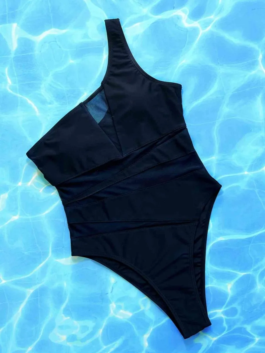 Hidden Depths One Shoulder One Piece Black Swimsuit