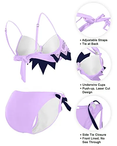 High Cut Two Piece Swimsuit Ruffle Bikini Top With Bottom Teen Girls-Purple