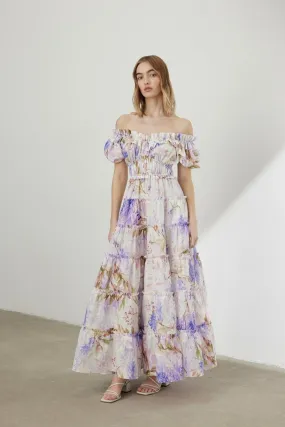 Ines robe maxi à volants imprimés couleur bruyère